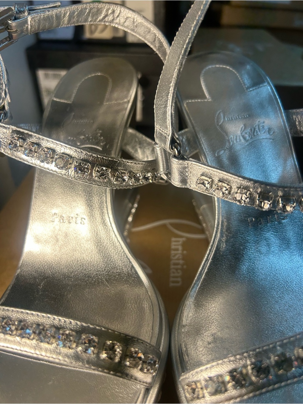 Christian Louboutin Silver Crystal Platform Sandals with Ankle Strap - Picture 5 of 9